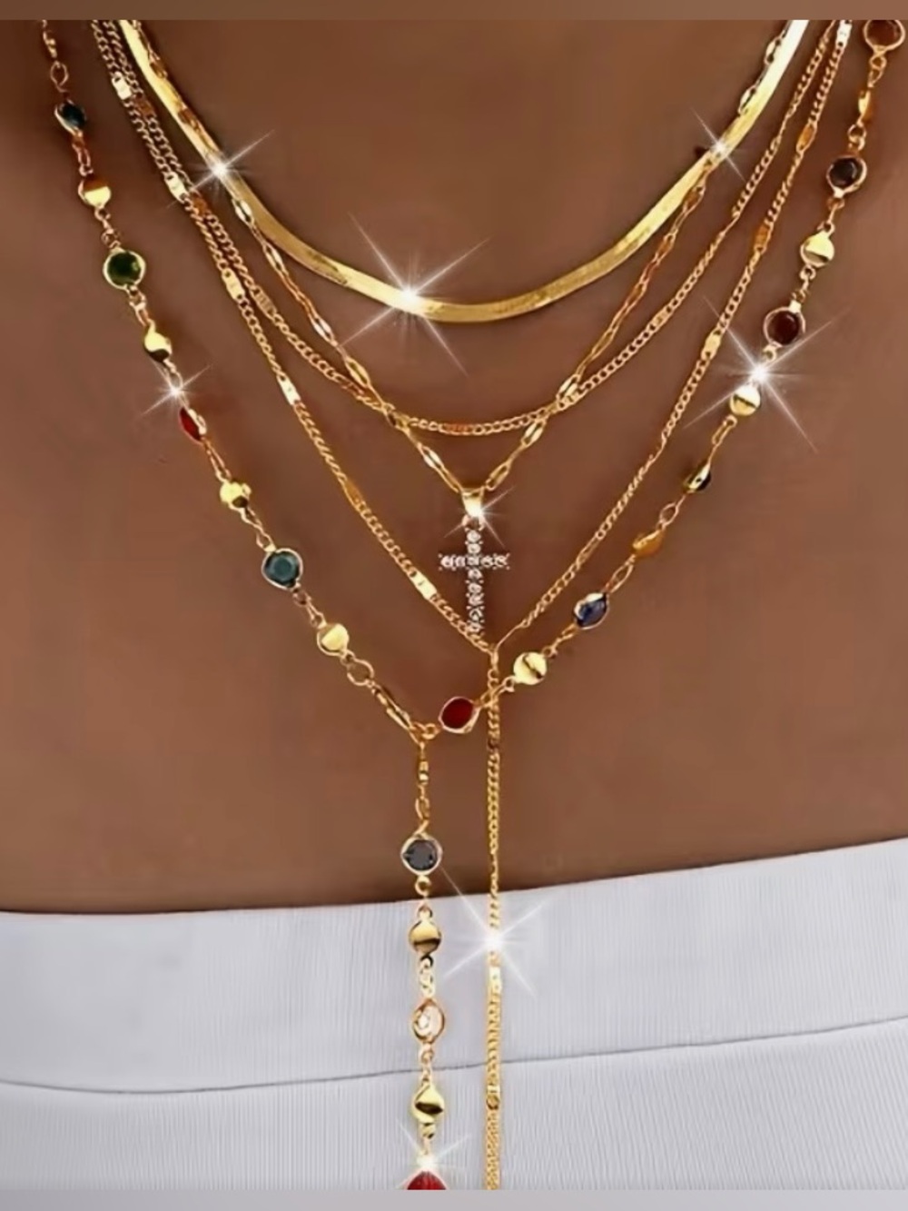 💛 Gold Multi-Layer Gemstone Cross Necklace - Women Jewelry 💛